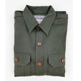 Mister Freedom® - Snipes Shirt - Army Green Shade 44 - Brown corozo wood “cat-eye” buttons. Two large utilitarian chest pockets with flaps, each with a pen slot. Unstructured one-piece collar (no collar band.)