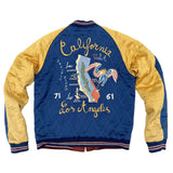 Mister Freedom® Cali-Jan Souvenir Jacket featuring The Joe Greene, Joshua Tree, California, Cactus, California Map, Catalina Island, San Francisco, Bakersfield, Mister Freedom Store, and Death Valley.