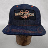 Mister Freedom® Snapback Cap 6P in NOS Cone Mills Denim featuring vintage patches. Made in USA.