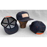 Mister Freedom® Snapback Cap 6P in NOS Cone Mills Denim featuring vintage patches. Made in USA.
