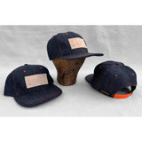 Mister Freedom® Snapback Cap 6P in NOS Cone Mills Denim featuring vintage patches. Made in USA.
