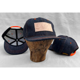 Mister Freedom® Snapback Cap 6P in NOS Cone Mills Denim featuring vintage patches. Made in USA.
