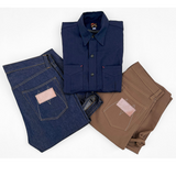 Mister Freedom Californian Lot 64 "Frontier" Duck edition pants shown with the SS2023 release Californian Lot 64 NOS Organic Cone Denim pants and NOS 7oz Cone Denim Ranger Shirt