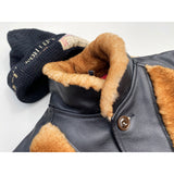 Baloo Jacket black vegeteable tanned "Tea-Core" leather and genuine sheepskin panels.