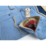 Wide notch lapel, arcuate panels, pocket flaps and cuffs shearling accents.