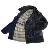 Roamer Care Coat Fabric: Shell: Heavy 14 Oz. wide-wale corduroy, “vintage” black color, 100% cotton, milled in Japan. Lining: Soft-hand “Troy Blanket” wool blend fabric, 60% re-used wool, 28% cotton, 12% rayon). Woven in Japan.