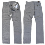 Image of full front and folded side view of the Mister Freedom Nouvelle Vague Slacks in Slate Grey featuring the Sportsman back label and button fly with snap waist closure
