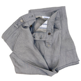Detail of made in the USA Nouvelle Vague slacks button fly and snap button waistband.