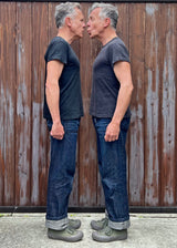 Christophe Loiron showing the difference in fit between A-Stock and B-Stock Mister Freedom Stanley T size Small